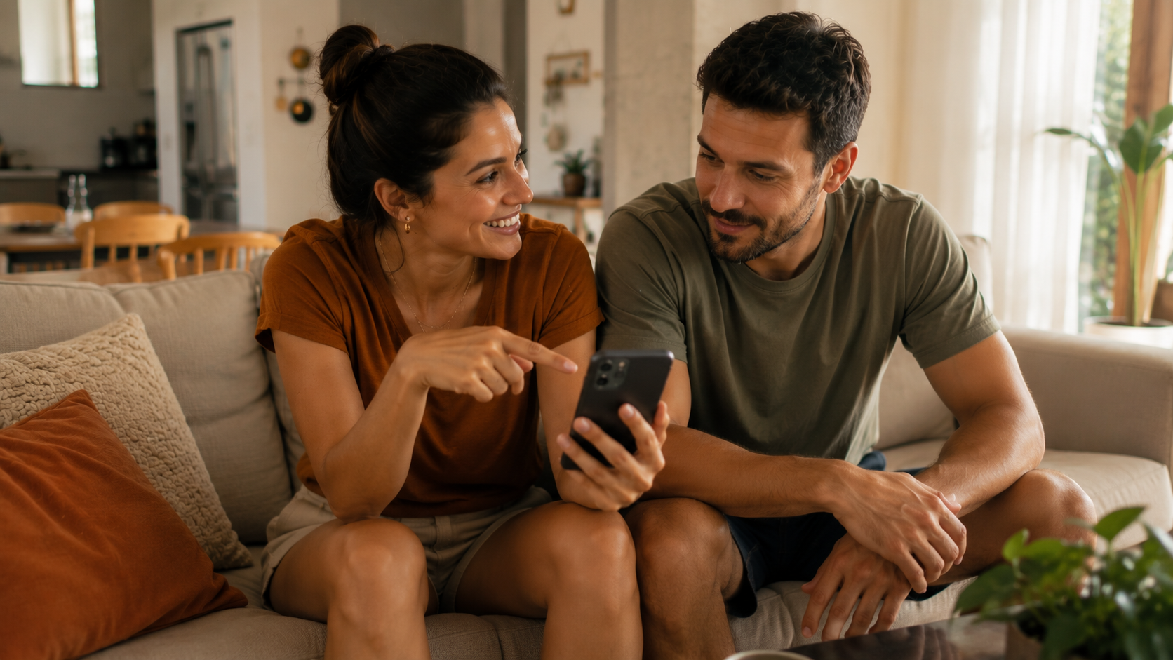 Casal sorrindo olhando uma mensagem no celular