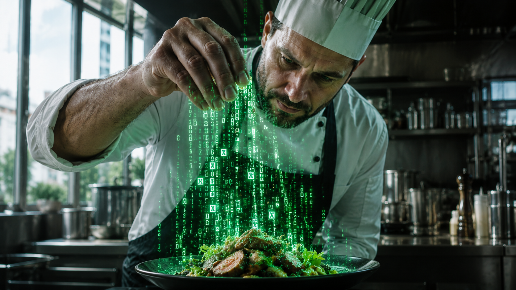 Chef de cozinha tempera um prato com a mão; em vez de temperos, código digital verde escorre dos dedos sobre a comida